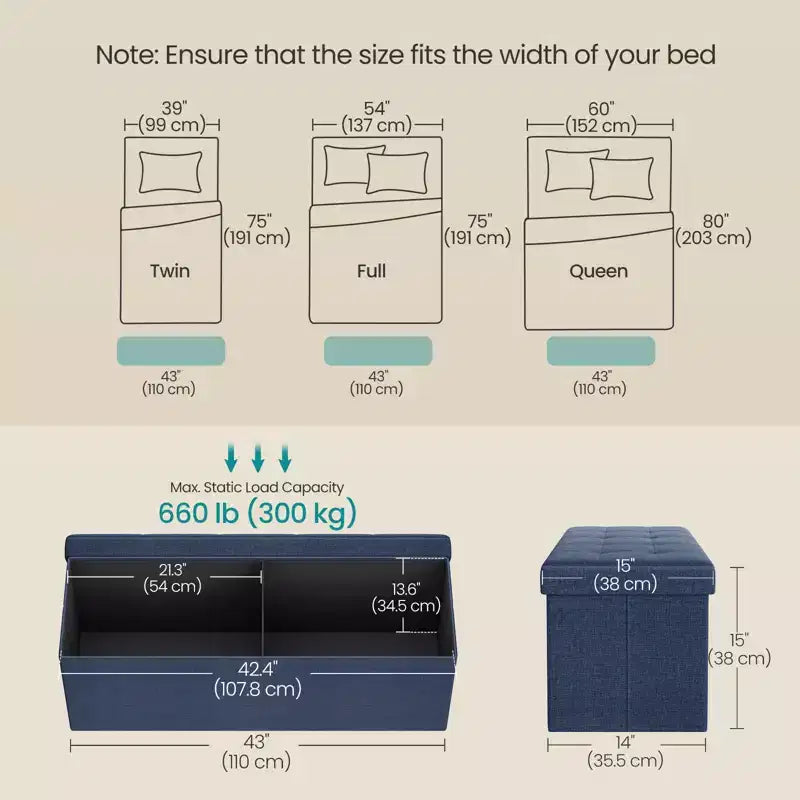 Panca pouf contenitore, 38 x 109 x 38 cm, per fondo letto, cassapanca, per soggiorno, camera da letto, ingresso
