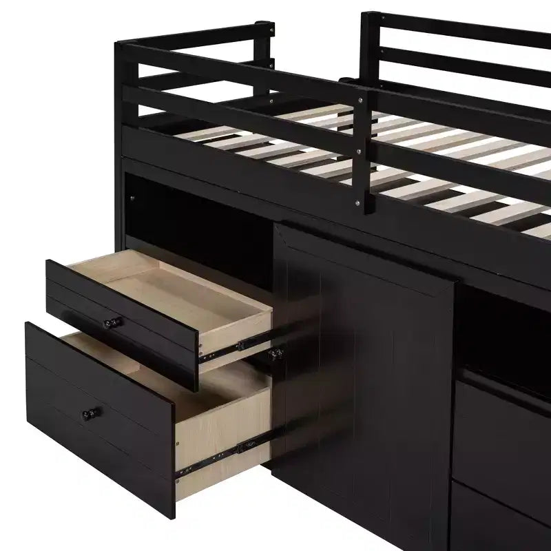 Letto a soppalco matrimoniale dal design moderno, 81,8L x 40,8W, con 4 cassetti, armadietto sottostante e mensole