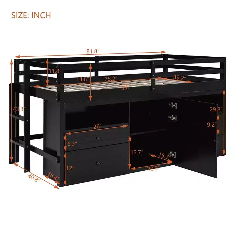 Letto a soppalco matrimoniale dal design moderno, 81,8L x 40,8W, con 4 cassetti, armadietto sottostante e mensole