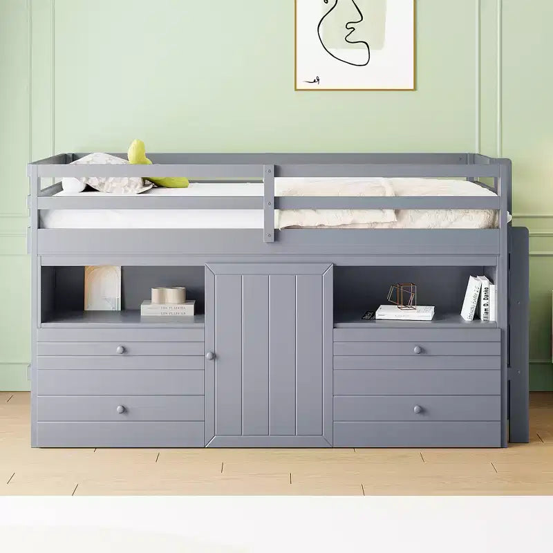Letto a soppalco matrimoniale dal design moderno, 81,8L x 40,8W, con 4 cassetti, armadietto sottostante e mensole