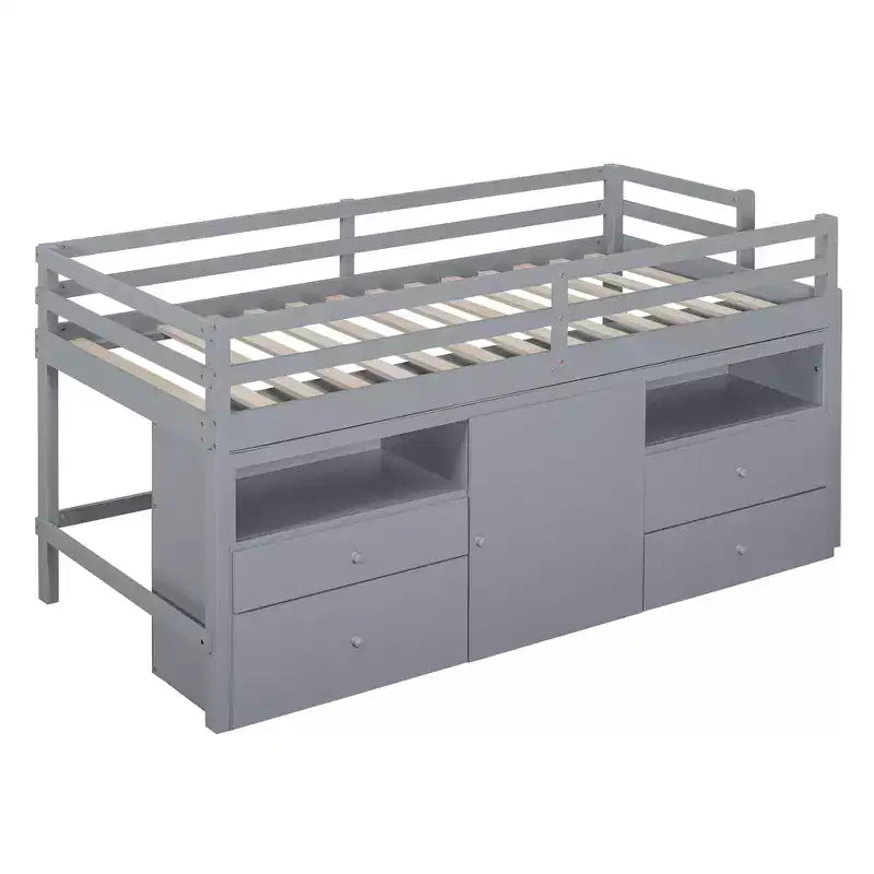 Letto a soppalco matrimoniale dal design moderno, 81,8L x 40,8W, con 4 cassetti, armadietto sottostante e mensole