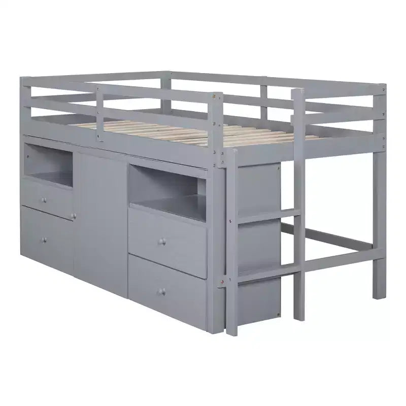 Letto a soppalco matrimoniale dal design moderno, 81,8L x 40,8W, con 4 cassetti, armadietto sottostante e mensole