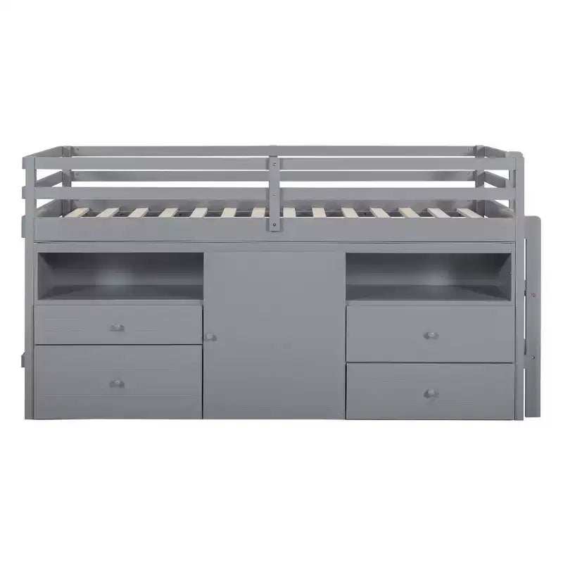 Letto a soppalco matrimoniale dal design moderno, 81,8L x 40,8W, con 4 cassetti, armadietto sottostante e mensole