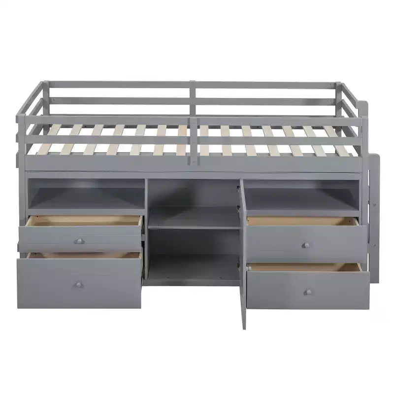 Letto a soppalco matrimoniale dal design moderno, 81,8L x 40,8W, con 4 cassetti, armadietto sottostante e mensole