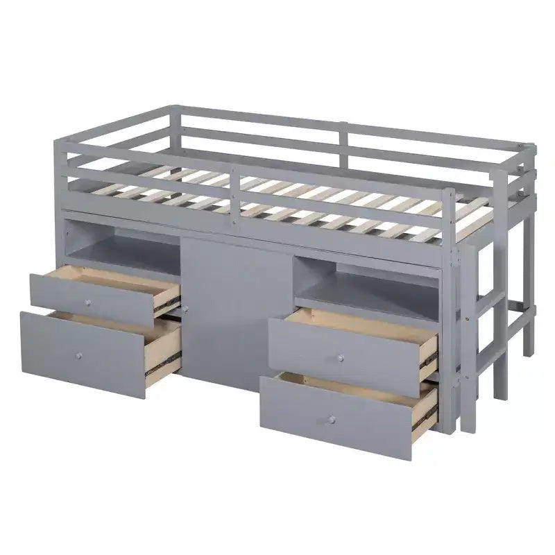 Letto a soppalco matrimoniale dal design moderno, 81,8L x 40,8W, con 4 cassetti, armadietto sottostante e mensole