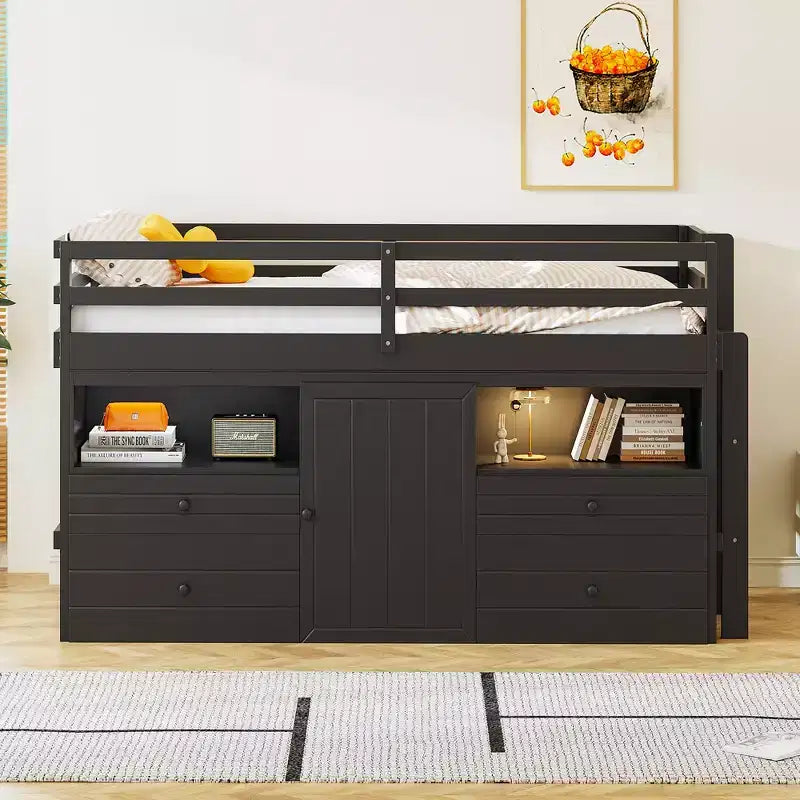 Letto a soppalco matrimoniale dal design moderno, 81,8L x 40,8W, con 4 cassetti, armadietto sottostante e mensole