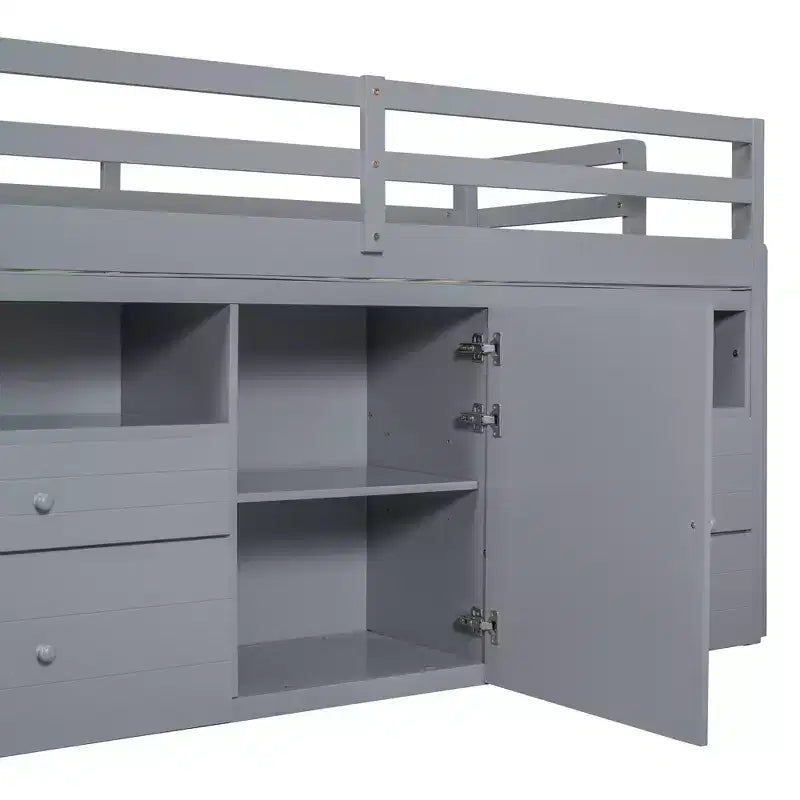 Letto a soppalco matrimoniale dal design moderno, 81,8L x 40,8W, con 4 cassetti, armadietto sottostante e mensole