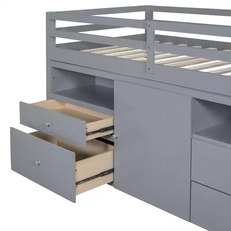 Letto a soppalco matrimoniale dal design moderno, 81,8L x 40,8W, con 4 cassetti, armadietto sottostante e mensole