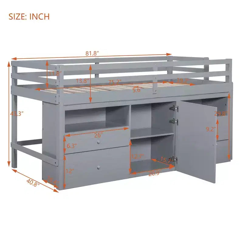 Letto a soppalco matrimoniale dal design moderno, 81,8L x 40,8W, con 4 cassetti, armadietto sottostante e mensole