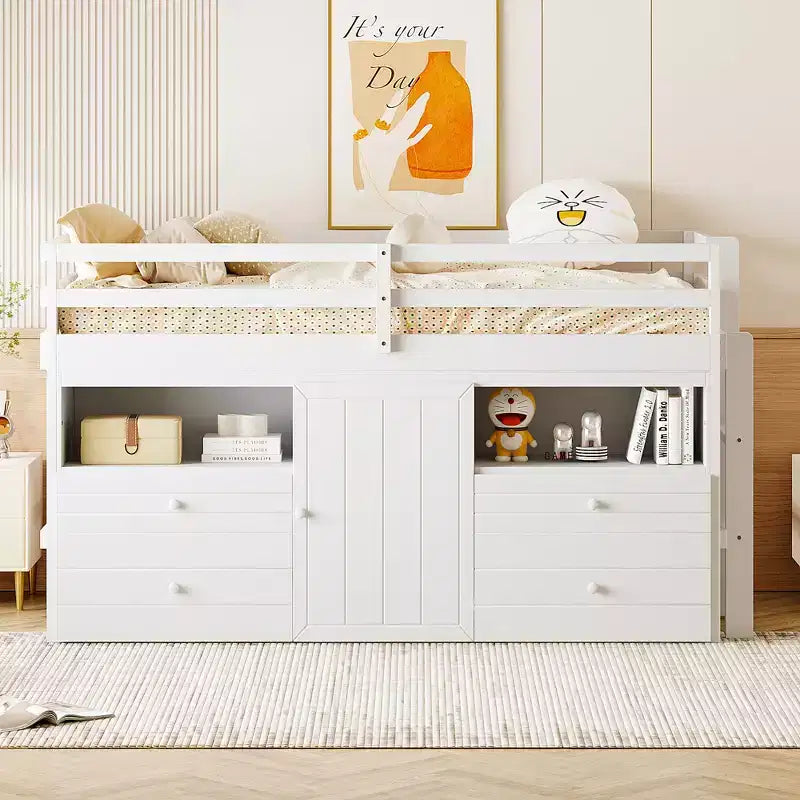 Letto a soppalco matrimoniale dal design moderno, 81,8L x 40,8W, con 4 cassetti, armadietto sottostante e mensole