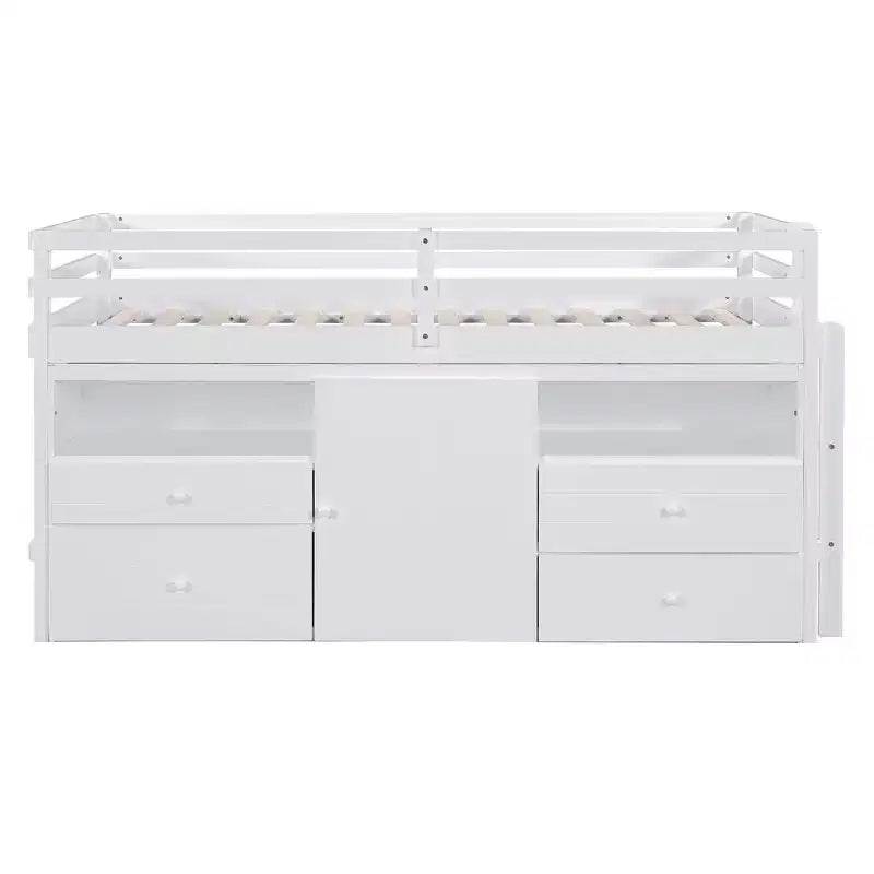 Letto a soppalco matrimoniale dal design moderno, 81,8L x 40,8W, con 4 cassetti, armadietto sottostante e mensole