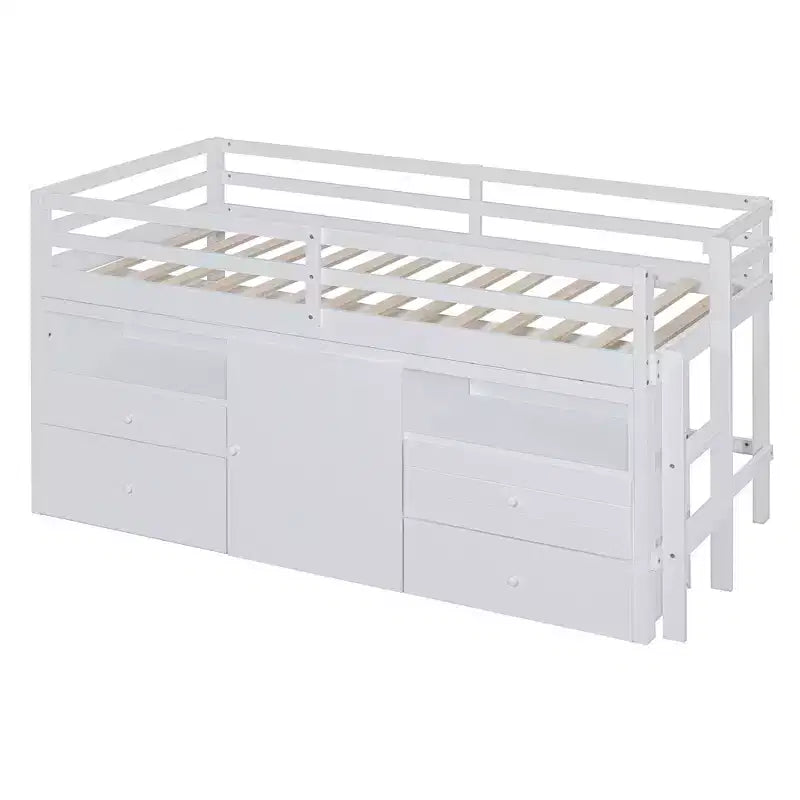 Letto a soppalco matrimoniale dal design moderno, 81,8L x 40,8W, con 4 cassetti, armadietto sottostante e mensole