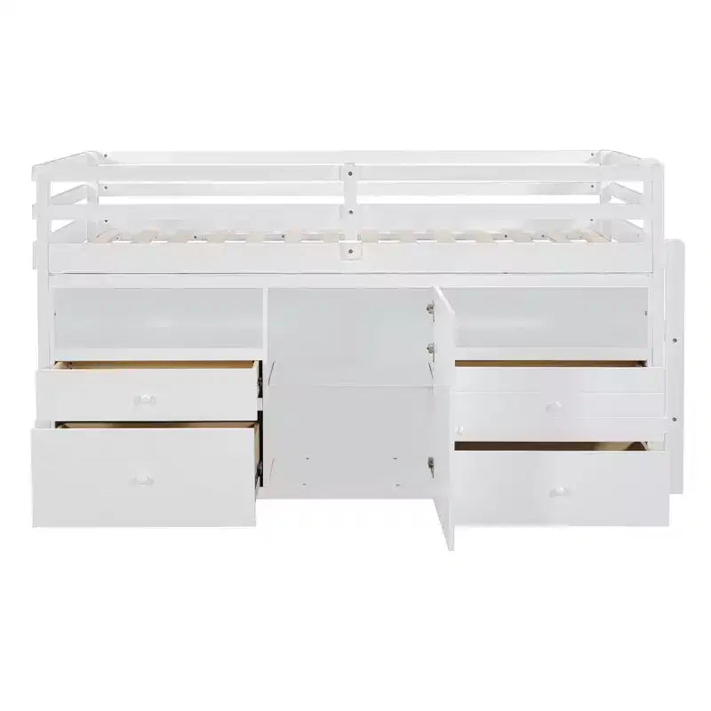 Letto a soppalco matrimoniale dal design moderno, 81,8L x 40,8W, con 4 cassetti, armadietto sottostante e mensole