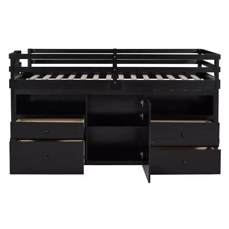 Letto a soppalco matrimoniale dal design moderno, 81,8L x 40,8W, con 4 cassetti, armadietto sottostante e mensole