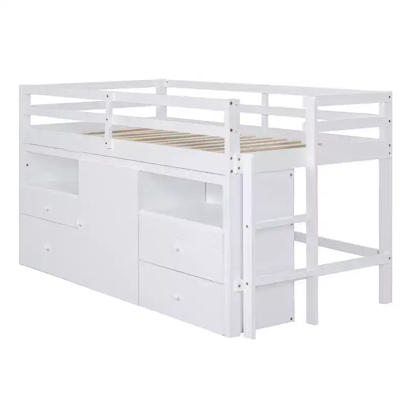 Letto a soppalco matrimoniale dal design moderno, 81,8L x 40,8W, con 4 cassetti, armadietto sottostante e mensole
