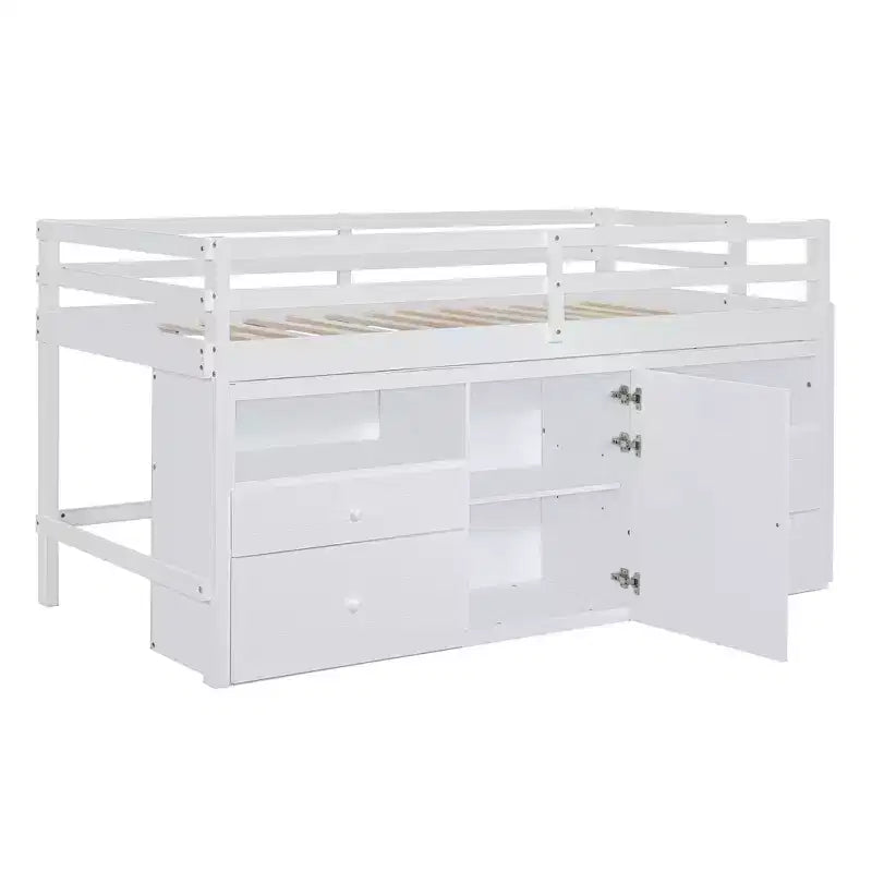 Letto a soppalco matrimoniale dal design moderno, 81,8L x 40,8W, con 4 cassetti, armadietto sottostante e mensole