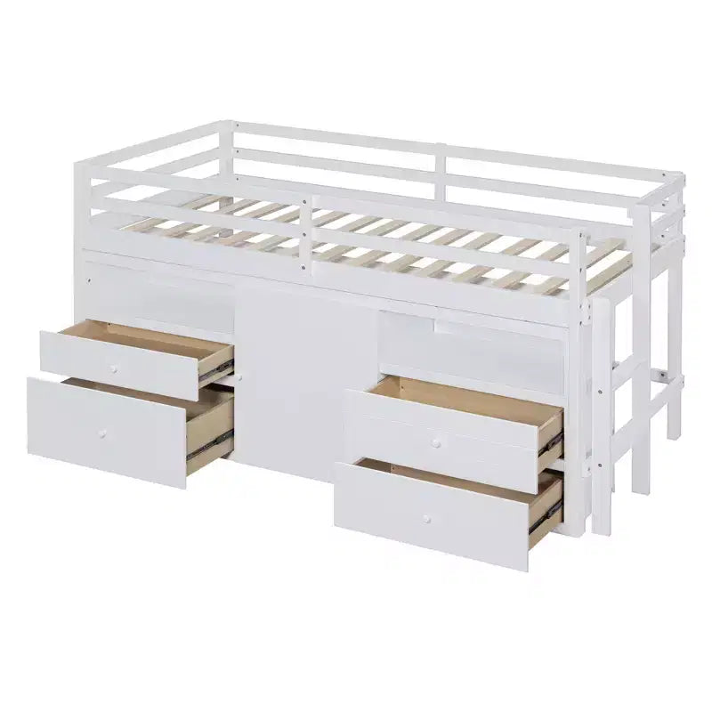 Letto a soppalco matrimoniale dal design moderno, 81,8L x 40,8W, con 4 cassetti, armadietto sottostante e mensole