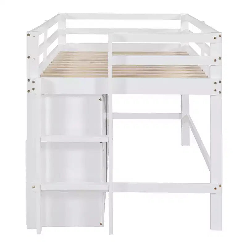 Letto a soppalco matrimoniale dal design moderno, 81,8L x 40,8W, con 4 cassetti, armadietto sottostante e mensole