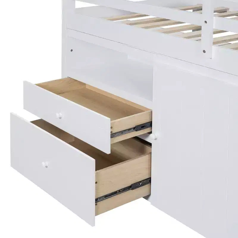 Letto a soppalco matrimoniale dal design moderno, 81,8L x 40,8W, con 4 cassetti, armadietto sottostante e mensole