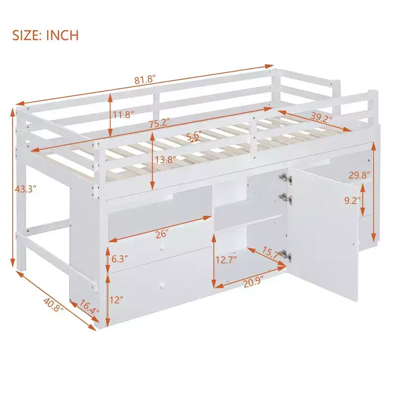 Letto a soppalco matrimoniale dal design moderno, 81,8L x 40,8W, con 4 cassetti, armadietto sottostante e mensole