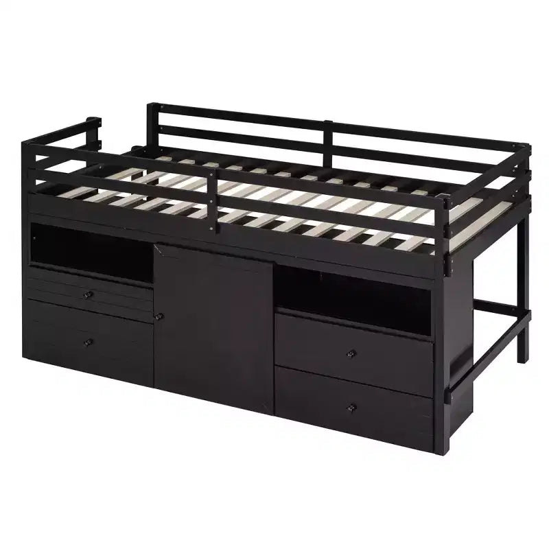 Letto a soppalco matrimoniale dal design moderno, 81,8L x 40,8W, con 4 cassetti, armadietto sottostante e mensole