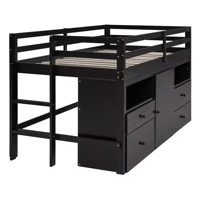 Letto a soppalco matrimoniale dal design moderno, 81,8L x 40,8W, con 4 cassetti, armadietto sottostante e mensole