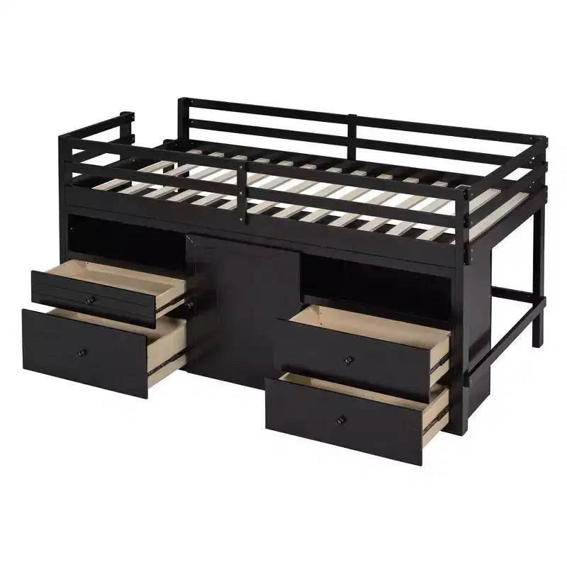 Letto a soppalco matrimoniale dal design moderno, 81,8L x 40,8W, con 4 cassetti, armadietto sottostante e mensole