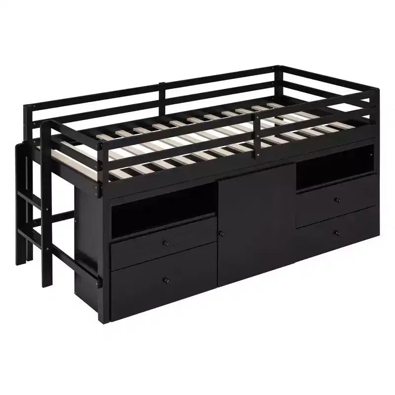 Letto a soppalco matrimoniale dal design moderno, 81,8L x 40,8W, con 4 cassetti, armadietto sottostante e mensole