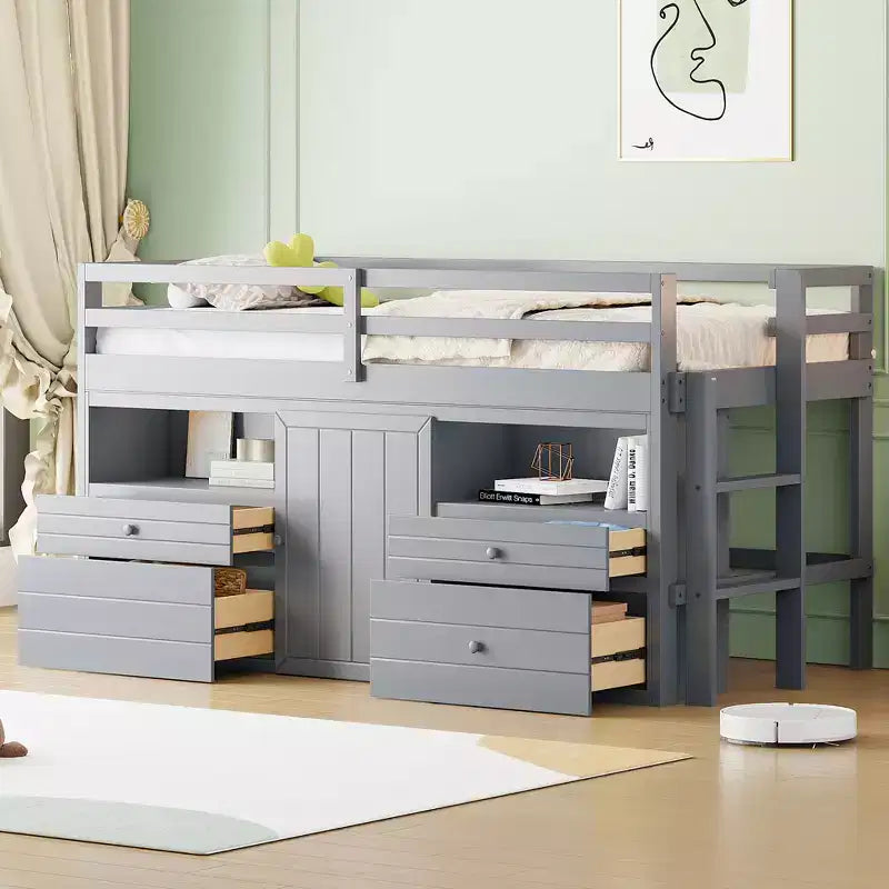 Letto a soppalco matrimoniale dal design moderno, 81,8L x 40,8W, con 4 cassetti, armadietto sottostante e mensole