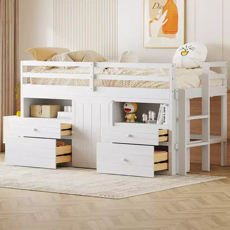 Letto a soppalco matrimoniale dal design moderno, 81,8L x 40,8W, con 4 cassetti, armadietto sottostante e mensole