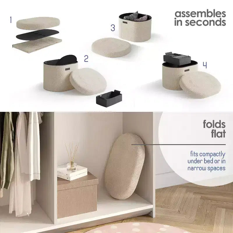 Panca Contenitore per Camera da Letto ai Piedi del Letto, Contenitore Ovale in Bouclé, Grande Panca Contenitore Ottomana, Panca da Ingresso con Contenitore