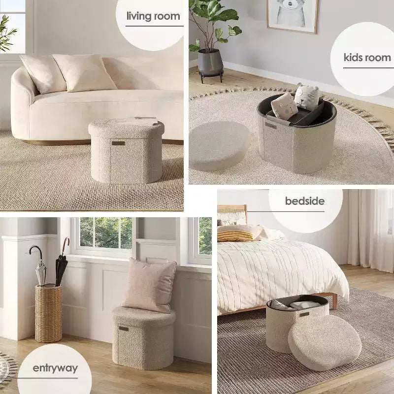 Panca Contenitore per Camera da Letto ai Piedi del Letto, Contenitore Ovale in Bouclé, Grande Panca Contenitore Ottomana, Panca da Ingresso con Contenitore