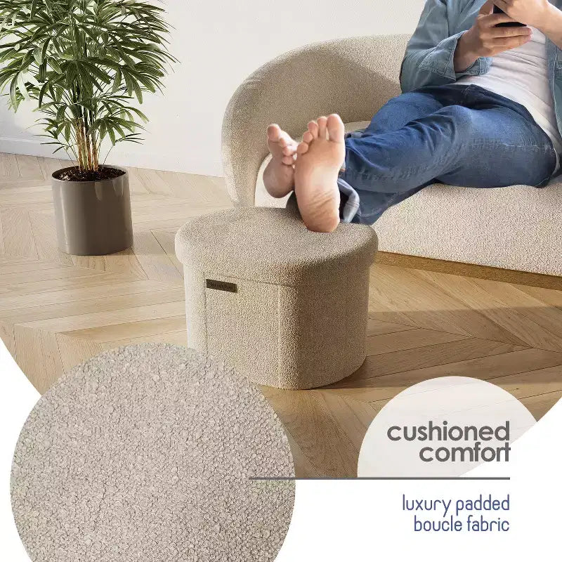 Panca Contenitore per Camera da Letto ai Piedi del Letto, Contenitore Ovale in Bouclé, Grande Panca Contenitore Ottomana, Panca da Ingresso con Contenitore