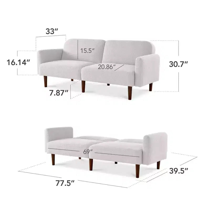 Futon convertibile curvo, divano letto con schienale sdoppiato in tessuto bouclé