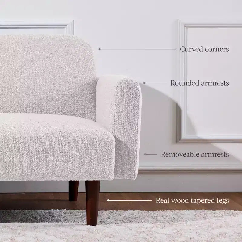 Futon convertibile curvo, divano letto con schienale sdoppiato in tessuto bouclé