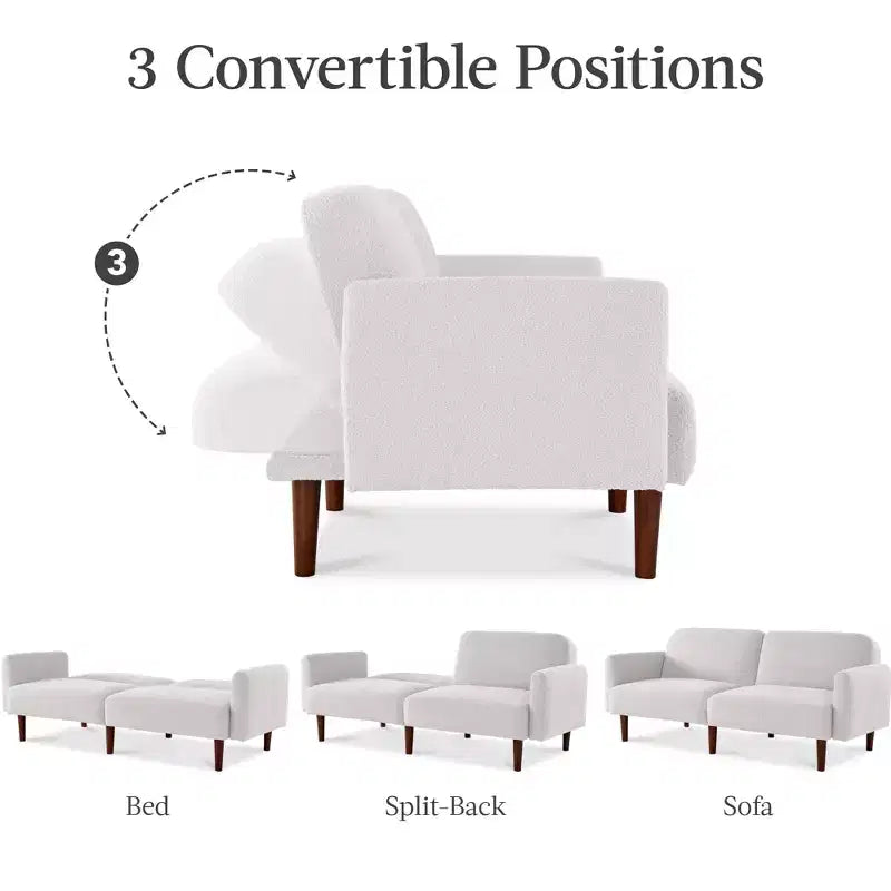 Futon convertibile curvo, divano letto con schienale sdoppiato in tessuto bouclé