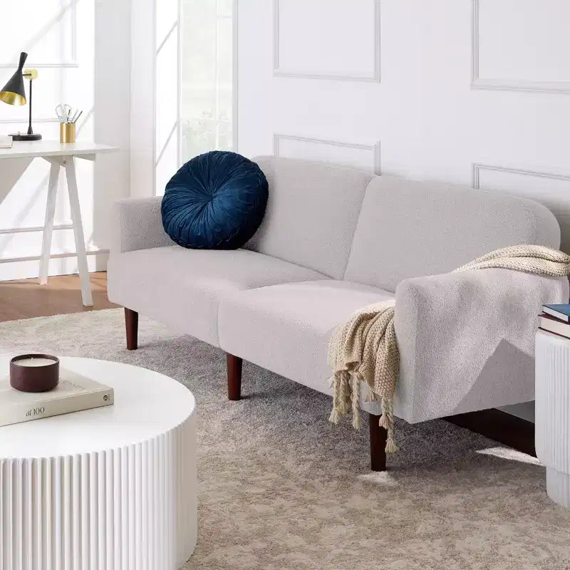 Futon convertibile curvo, divano letto con schienale sdoppiato in tessuto bouclé