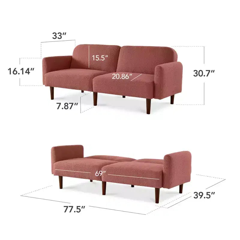 Futon convertibile curvo, divano letto con schienale sdoppiato in tessuto bouclé