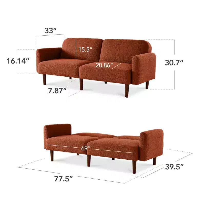 Futon convertibile curvo, divano letto con schienale sdoppiato in tessuto bouclé
