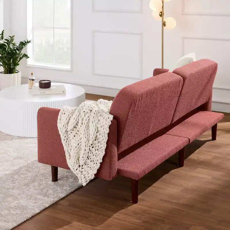 Futon convertibile curvo, divano letto con schienale sdoppiato in tessuto bouclé