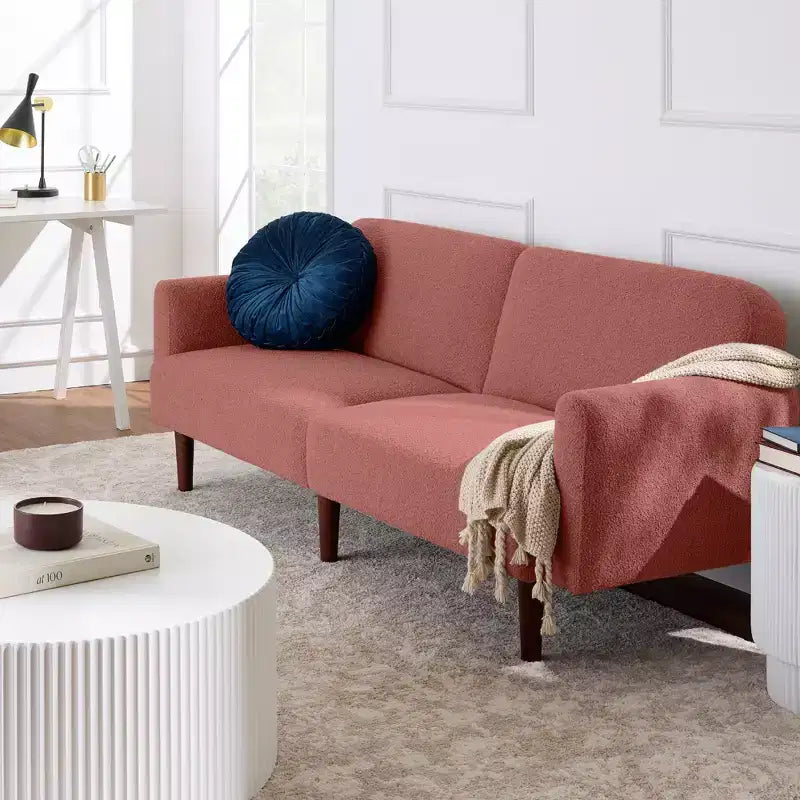 Futon convertibile curvo, divano letto con schienale sdoppiato in tessuto bouclé