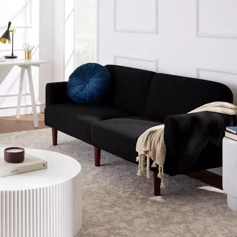 Futon convertibile curvo, divano letto con schienale sdoppiato in tessuto bouclé
