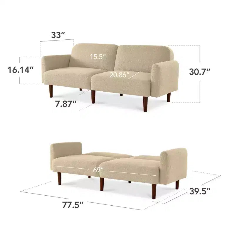 Futon convertibile curvo, divano letto con schienale sdoppiato in tessuto bouclé