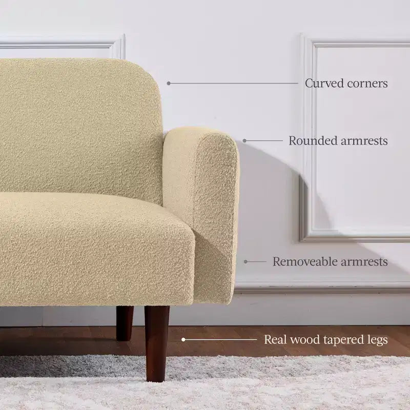 Futon convertibile curvo, divano letto con schienale sdoppiato in tessuto bouclé