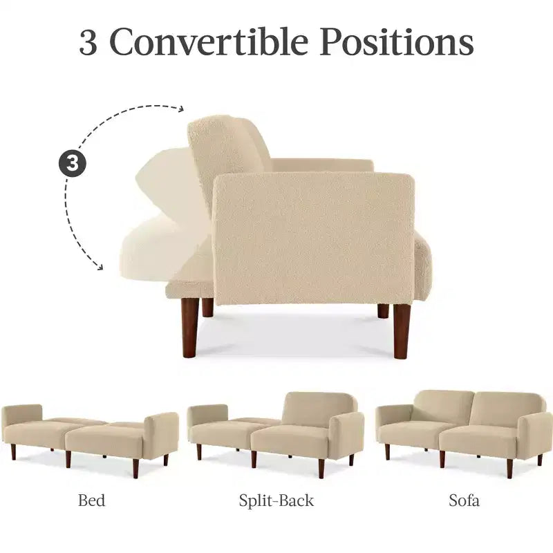 Futon convertibile curvo, divano letto con schienale sdoppiato in tessuto bouclé