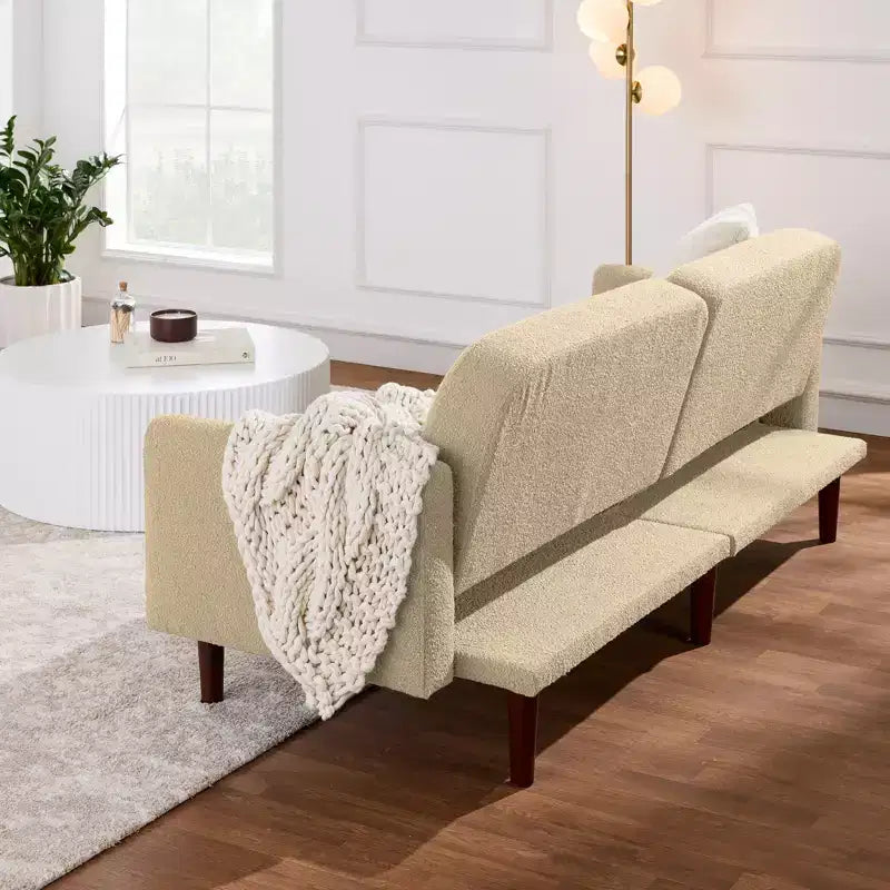 Futon convertibile curvo, divano letto con schienale sdoppiato in tessuto bouclé