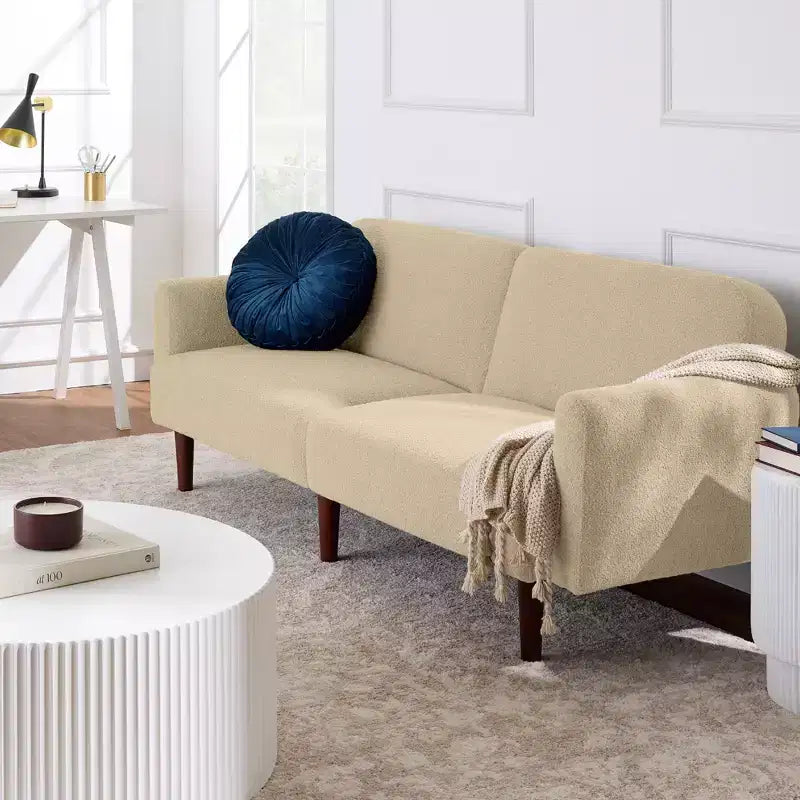 Futon convertibile curvo, divano letto con schienale sdoppiato in tessuto bouclé