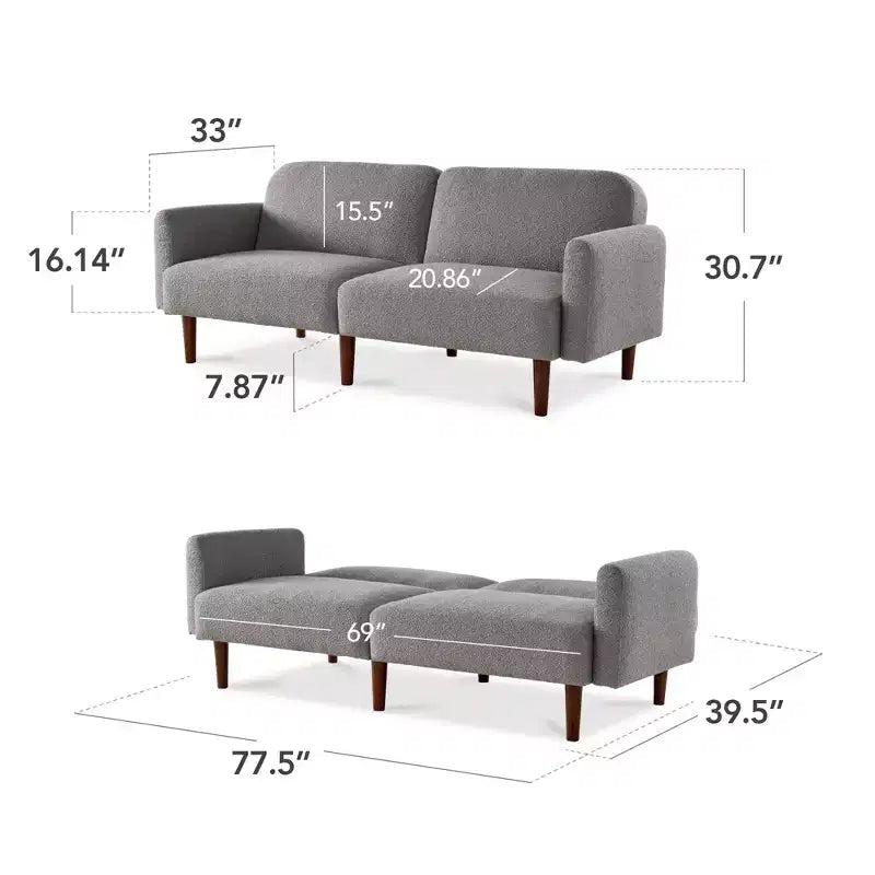 Futon convertibile curvo, divano letto con schienale sdoppiato in tessuto bouclé