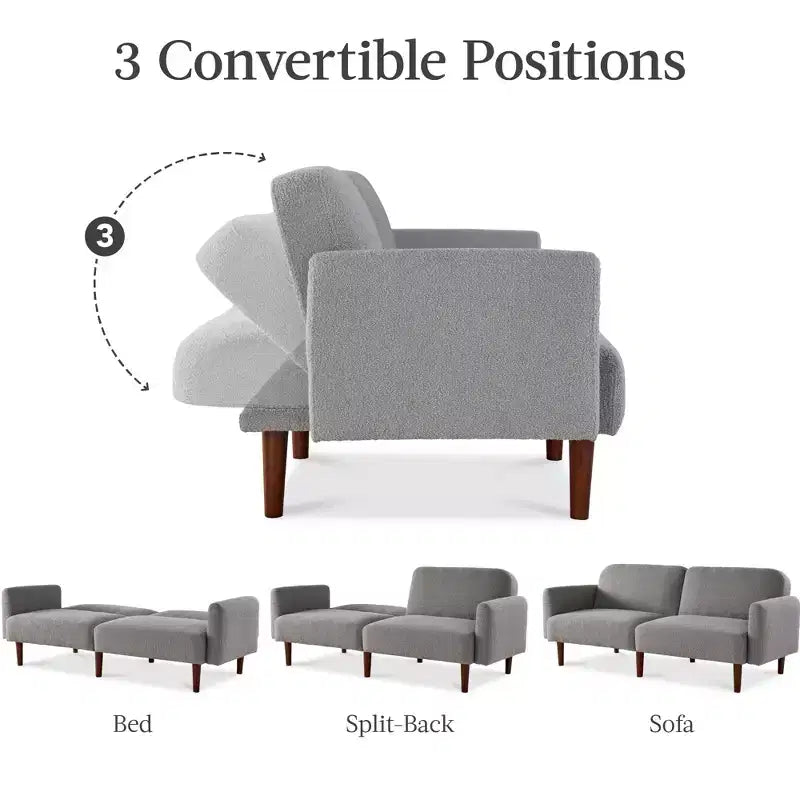 Futon convertibile curvo, divano letto con schienale sdoppiato in tessuto bouclé