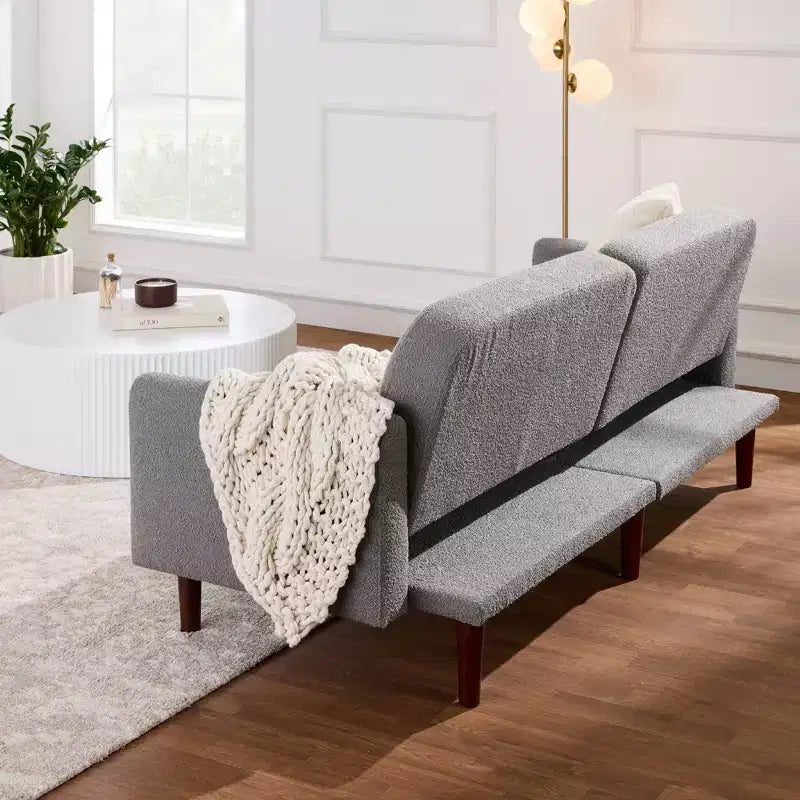 Futon convertibile curvo, divano letto con schienale sdoppiato in tessuto bouclé